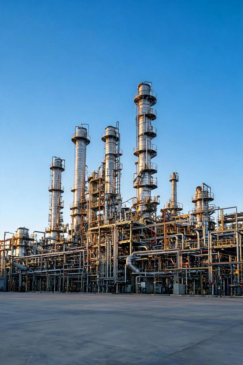 Distillation columns and pipework at an industrial processing plant